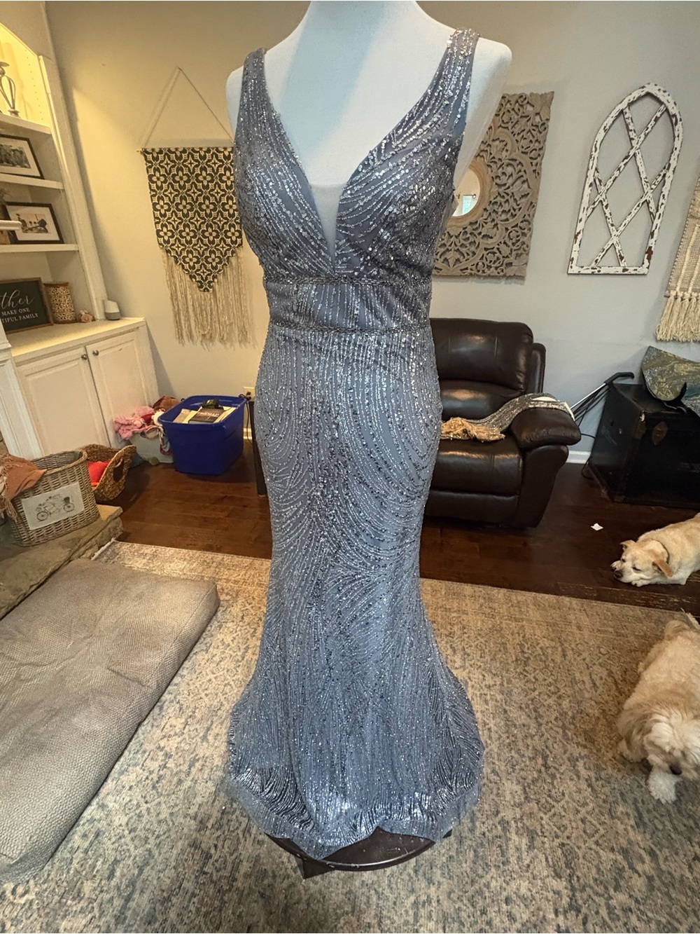 Dave & Johnny Silver Sequin V-Neck Maxi Gown